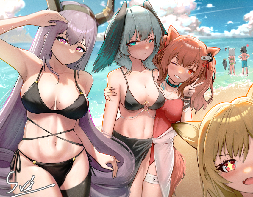 +_+ 1other 5girls absurdres alternate_costume angelina_(arknights) angelina_(summer_flower)_(arknights) animal_ears aqua_eyes arknights bare_shoulders beach belt bikini black_bikini black_hairband black_horns black_sarong black_thighhighs blonde_hair blue_shorts blue_sky blush breasts breasts_apart brown_hair casual_one-piece_swimsuit cat_ears cat_girl cat_tail ceobe_(arknights) cleavage cloud cloudy_sky creator_connection detached_hood doctor_(arknights) dog_ears fake_horns fang feathered_wings fox_ears fox_girl fox_tail green_bikini grey_hair hairband hat head_wings heart highres ho&#039;olheyak_(arknights) horns hug infection_monitor_(arknights) jewelry kal&#039;tsit_(arknights) large_breasts long_hair looking_at_viewer material_growth mon3tr_(arknights) multiple_girls navel necklace official_alternate_costume one-piece_swimsuit open_mouth oripathy_lesion_(arknights) purple_eyes purple_hair red_eyes red_hairband red_one-piece_swimsuit sarong shorts single_thighhigh skin_fang sky smile sviggum swimsuit swimsuit_cover-up tail thigh_belt thigh_strap thighhighs twintails typhon_(arknights) v very_long_hair water white_hat wings