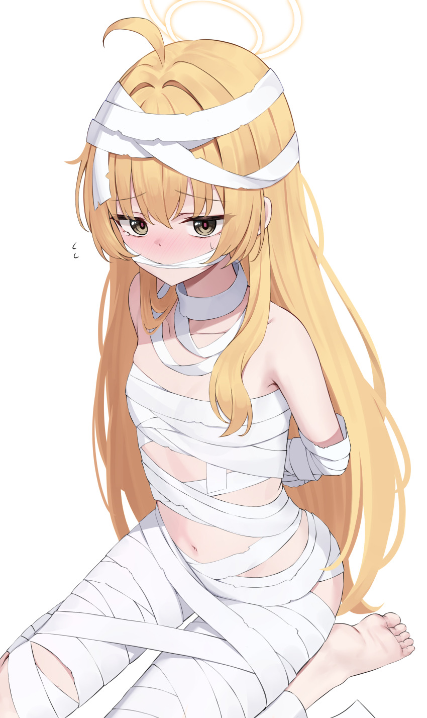 1girl absurdres ahoge arms_behind_back bandage_on_hair bandaged_arm bandaged_chest bandaged_head bandages barefoot blonde_hair blue_archive gag halo highres improvised_gag kurone_(kurone_ryuo) mummy_costume naked_bandage seiza simple_background sitting solo white_background yellow_eyes yellow_halo yoshimi_(blue_archive) yoshimi_(halloween)_(blue_archive)