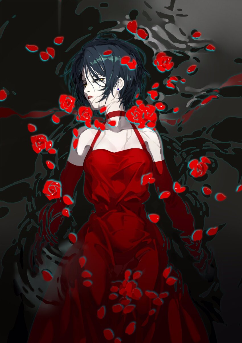 black_hair choker commentary dress earrings hashtag-only_commentary hayami_kanade highres idolmaster idolmaster_cinderella_girls jewelry lipstick looking_at_viewer makeup parted_lips partially_submerged petals petals_on_liquid red_choker red_dress rose_petals short_hair sleeveless sleeveless_dress stud_earrings yannn yellow_eyes