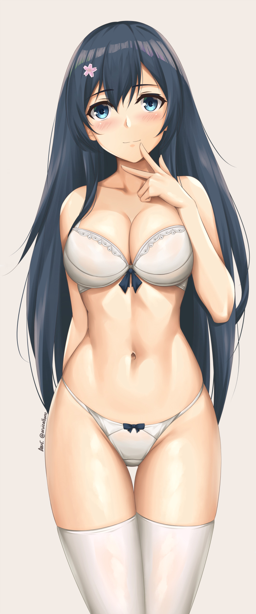 1girl absurdres arcie_albano artist_name bare_shoulders black_hair blue_eyes blush bow bow_bra bow_panties bra breasts cleavage collarbone commentary commentary_request cowboy_shot english_commentary finger_to_mouth flower hair_between_eyes hair_flower hair_ornament hand_up highleg highleg_panties highres kodama_karen large_breasts lingerie long_hair looking_at_viewer mixed-language_commentary navel original panties signature simple_background skindentation smile solo standing stomach thigh_gap thighhighs thighs underwear underwear_only very_long_hair w white_background white_bra white_panties white_thighhighs