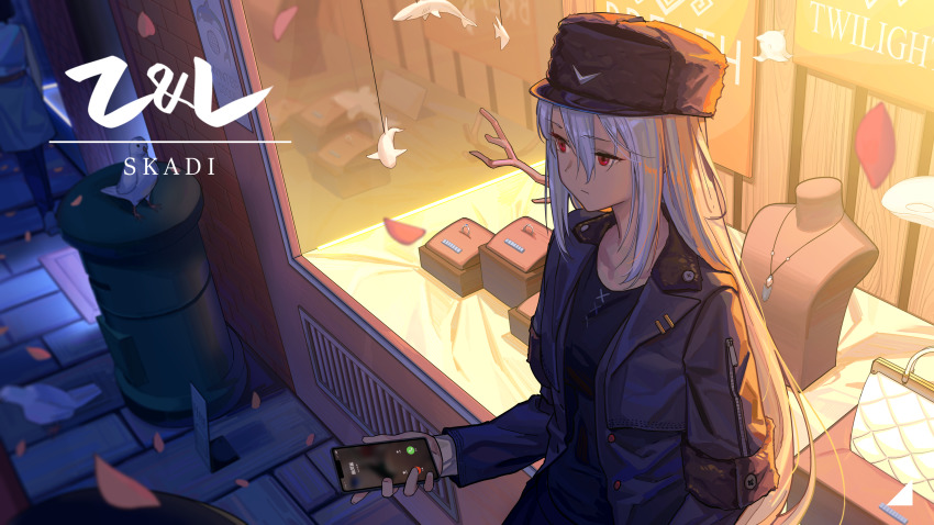 1girl absurdres alternate_costume arknights black_jacket black_sweater cellphone coat hat highres holding jacket long_hair phone postbox_(outgoing_mail) red_eyes shop_window silver_hair skadi_(arknights) smartphone solo standing sweater very_long_hair winter_clothes winter_coat zhili_xingzou