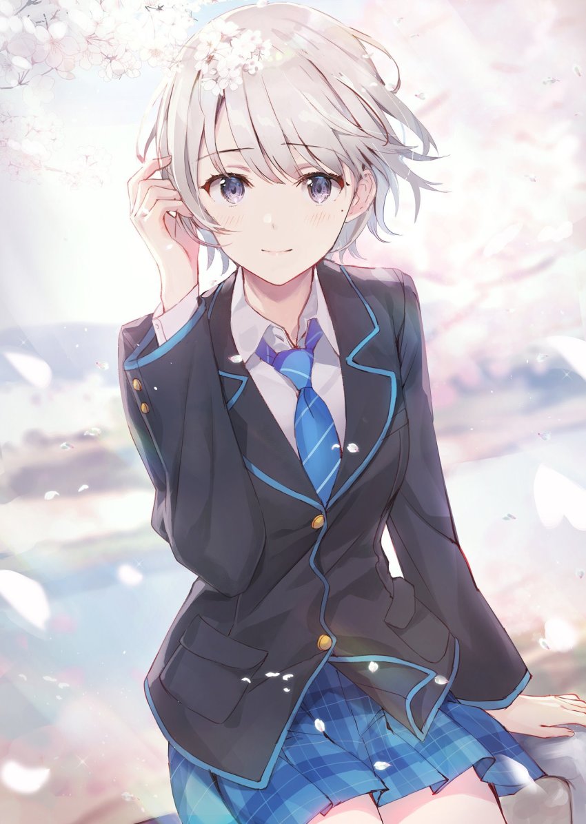 1girl blue_skirt blush buttons cherry_blossoms chitose-kun_wa_ramune_bin_no_naka highres jacket mole mole_under_eye necktie nishino_asuka official_art petals pleated_skirt purple_eyes school_uniform second-party_source shirt short_hair silver_hair sitting skirt solo weee_(raemz) white_shirt