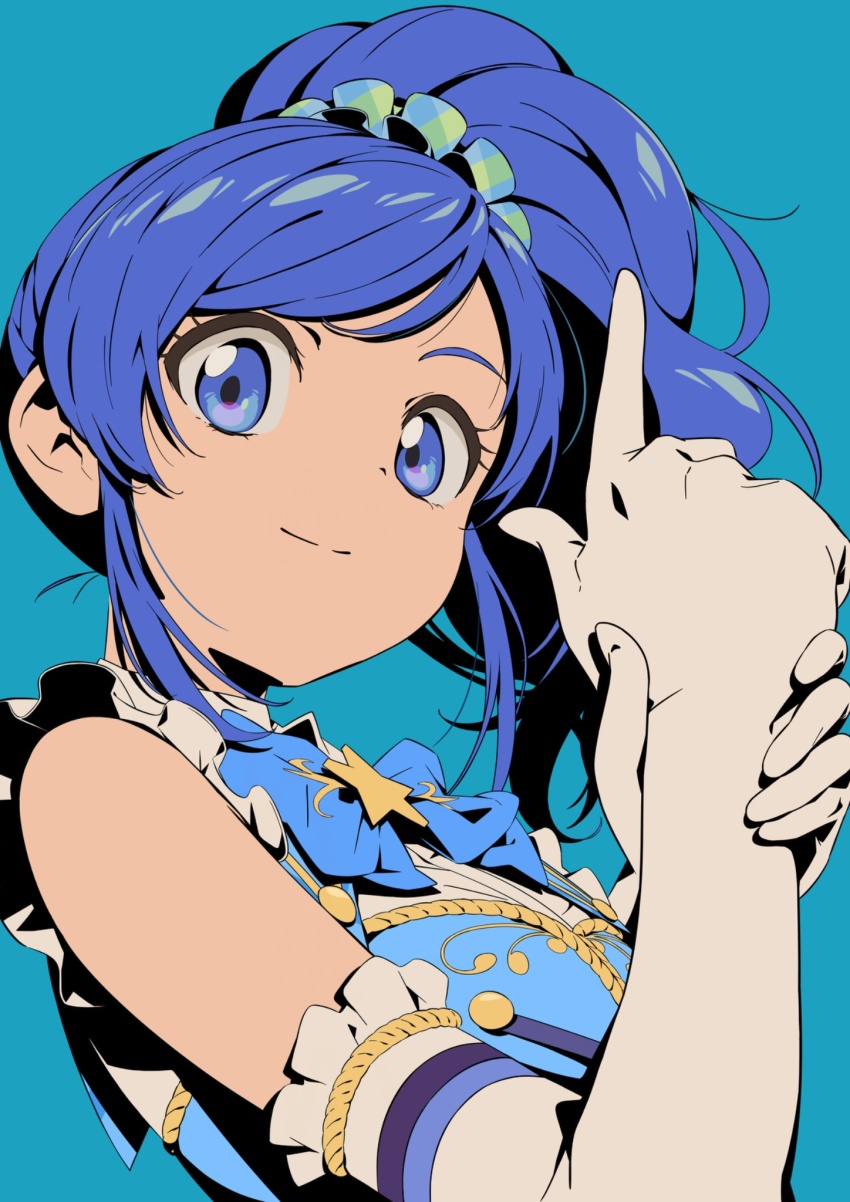 1girl aikatsu! aikatsu!_(series) blue_background blue_bow blue_eyes blue_hair blue_scrunchie blue_shirt bow dot_nose elbow_gloves flat_color frilled_gloves frills gloves green_scrunchie hair_ornament hair_scrunchie hand_on_own_wrist hands_up highres index_finger_raised kiriya_aoi light_smile long_hair looking_at_viewer scrunchie semham shirt sidelocks simple_background sleeveless solo star_ornament two-tone_scrunchie upper_body white_gloves