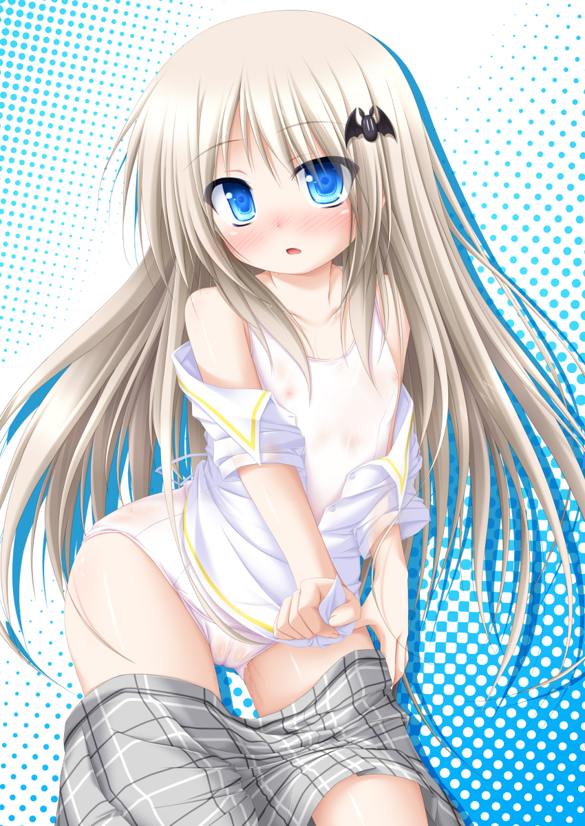 1girl absurdres blonde_hair blue_eyes blush breasts cameltoe fang female_focus hair_ornament highres kud_wafter little_busters! long_hair mizunoe_kotaru nipples noumi_kudryavka one-piece_swimsuit school_swimsuit see-through_clothes skirt small_breasts solo swimsuit swimsuit_under_clothes undressing white_one-piece_swimsuit white_school_swimsuit