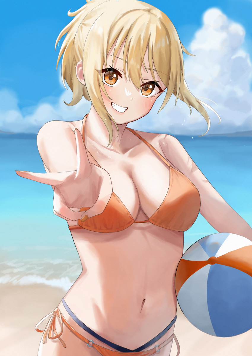 1girl absurdres aftamc ball beach beachball bikini blonde_hair gyaru highres huge_filesize kogal looking_at_viewer love_live! love_live!_nijigasaki_high_school_idol_club miyashita_ai nail_polish ocean orange_bikini orange_eyes orange_nails outdoors smile swimsuit v