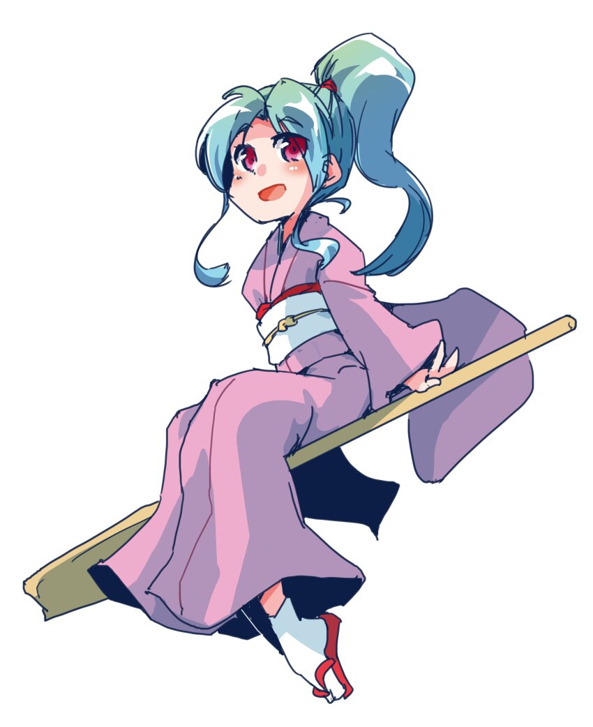 1girl absurdres blue_hair blush botan_(yu_yu_hakusho) full_body highres japanese_clothes kimono long_hair looking_at_viewer open_mouth ponytail purple_eyes shinapuu simple_background smile solo white_background yuu_yuu_hakusho