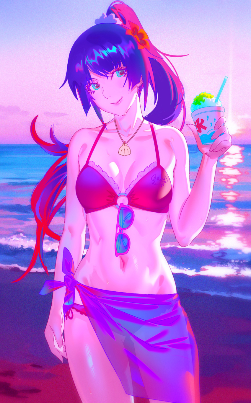 1girl bakemonogatari beach bikini blue_eyes breasts cleavage cup eyewear_hang flower food glasses gluteal_fold hair_flower hair_ornament highres holding holding_cup ice_cream ice_cream_cup long_hair medium_breasts midriff monogatari_(series) navel ocean outdoors purple_hair rapa_rachi revision senjougahara_hitagi sky smile solo sunglasses swimsuit unworn_eyewear water