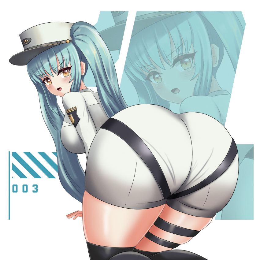 1girl absurdres all_fours aqua_hair ass ass_focus blush breasts danzfloor embarrassed from_behind goddess_of_victory:_nikke hat highres huge_ass large_breasts long_hair looking_at_viewer looking_back military military_uniform open_mouth privaty_(nikke) short_shorts shorts sideboob solo thick_thighs thigh_strap thighhighs thighs twintails very_long_hair yellow_eyes