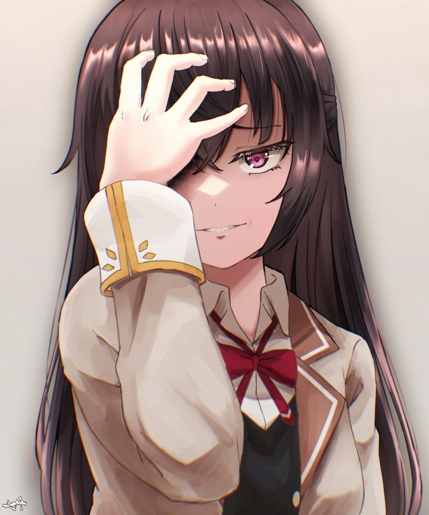 1girl absurdres black_hair black_sweater_vest blazer blush bow bowtie brown_hair brown_jacket commentary_request grin hair_between_eyes hand_on_own_head hand_up highres jacket long_hair long_sleeves looking_at_viewer mutsuki_(mutsuki0110) red_bow red_bowtie school_uniform seiren_academy_school_uniform shirt smile solo suou_yuki sweater_vest tokidoki_bosotto_roshia-go_de_dereru_tonari_no_alya-san upper_body