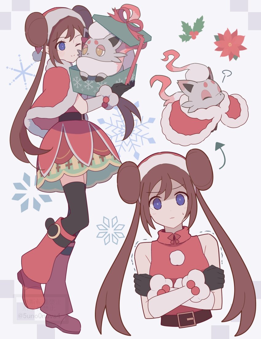 1girl 343rone absurdres bare_shoulders black_thighhighs blue_eyes breasts brown_hair capelet creatures_(company) double_bun doughnut_hair_bun dress full_body game_freak gen_5_pokemon hair_bun highres large_breasts nintendo pokemon pokemon_(creature) pokemon_bw2 red_capelet red_dress rosa_(pokemon) santa_dress simple_background thighhighs trembling white_background zoroark