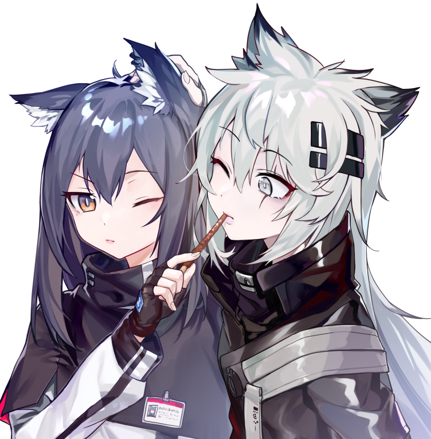 2girls absurdres animal_ear_fluff animal_ears arknights black_capelet black_gloves black_hair black_jacket blush brown_eyes capelet commentary fingerless_gloves food gloves grey_eyes hair_between_eyes hair_ornament hairclip hand_on_another&#039;s_head hand_up high_collar highres holding holding_food id_card jacket lappland_(arknights) long_hair long_sleeves looking_at_another looking_at_viewer moyume multiple_girls one_eye_closed pocky scar scar_across_eye scar_on_face sidelocks silver_hair simple_background texas_(arknights) upper_body white_background wolf_ears