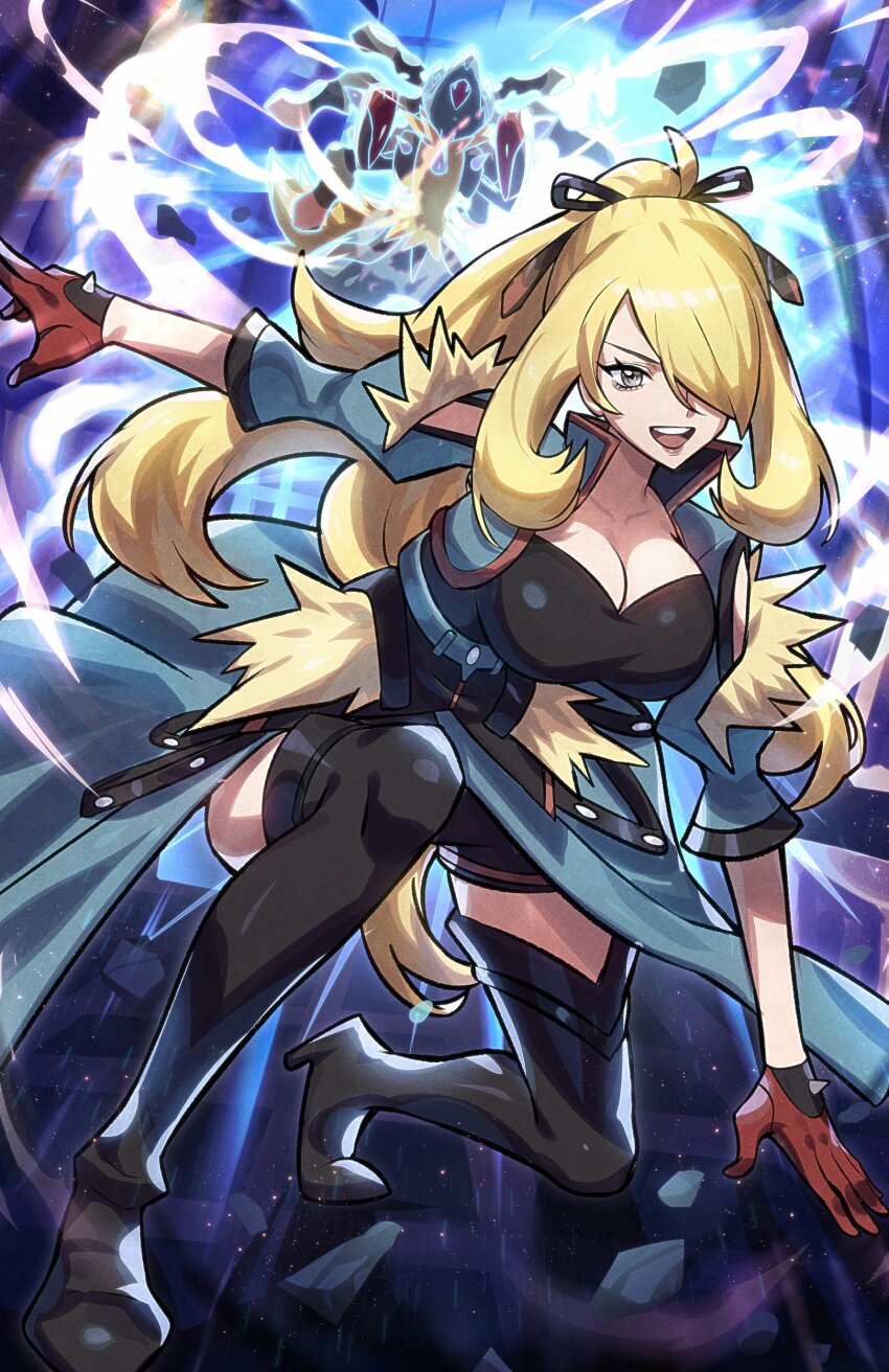 1girl absurdres black_footwear black_shirt black_shorts blonde_hair blue_jacket boots breasts brown_gloves cleavage creatures_(company) cynthia_(pokemon) cynthia_(sygna_suit)_(aura)_(pokemon) game_freak gen_4_pokemon gloves grey_eyes high_ponytail highres jacket large_breasts long_hair lucario mega_lucario mega_pokemon nintendo open_mouth pokemon pokemon_(creature) pokemon_masters_ex ryairyai shirt shorts smile solo_focus spiked_gloves thigh_boots upper_body