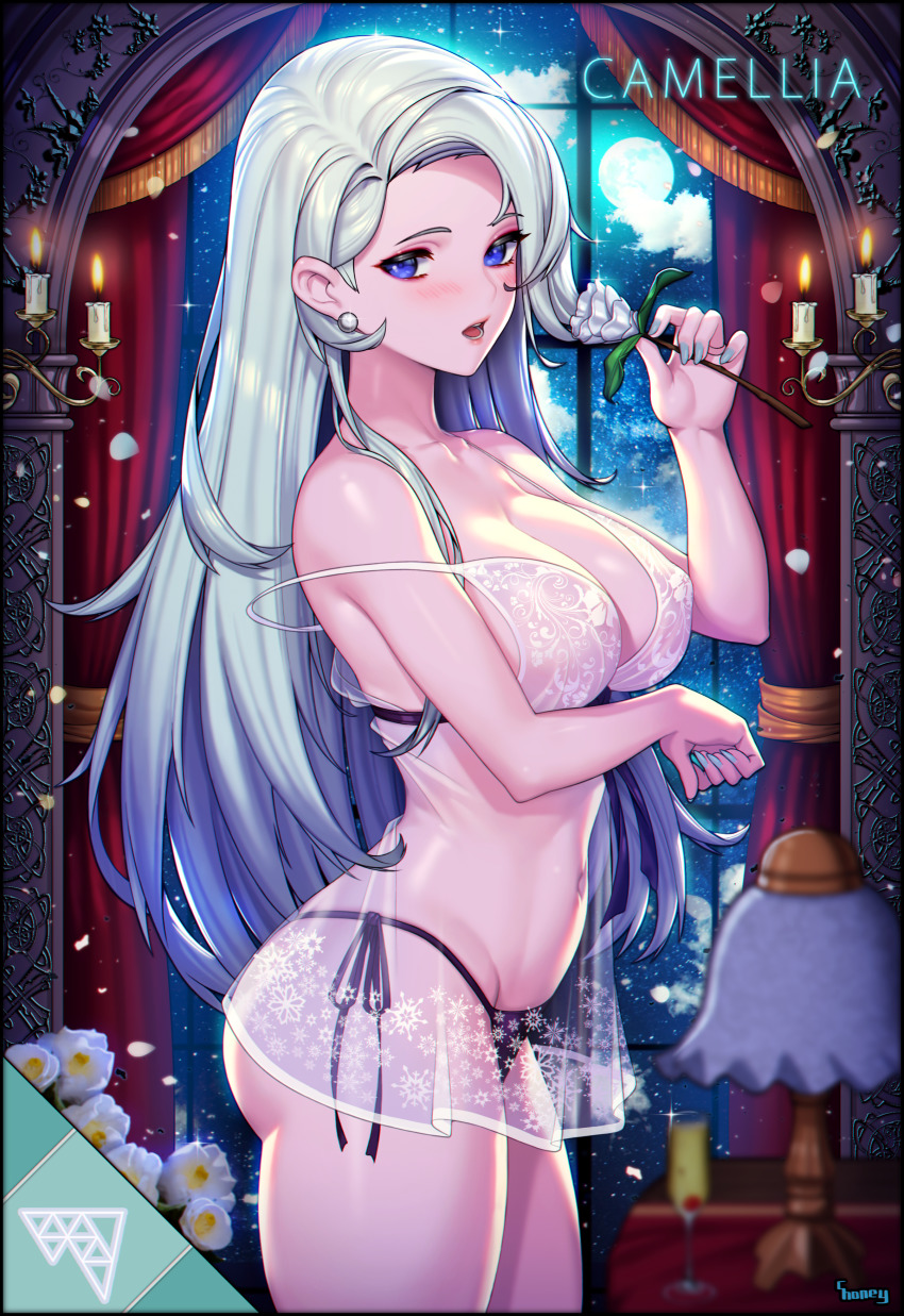 1girl absurdres blue_eyes blue_hair blue_nails blush bra breasts c.honey camellia candle cleavage commentary_request creatures_(company) curtains earrings flower from_side game_freak highres holding holding_flower jewelry lace lampshade large_breasts lingerie long_hair looking_at_viewer mature_female melony_(pokemon) nail_polish navel nintendo off_shoulder open_mouth panties pokemon pokemon_swsh see-through_clothes see-through_silhouette side-tie_panties solo standing swept_bangs underwear very_long_hair white_bra window