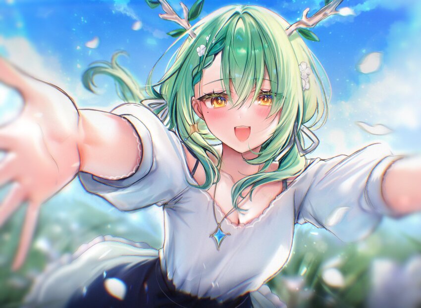 1girl :d antlers blue_skirt blue_sky blurry blurry_background blurry_foreground blush braid braided_bangs breasts ceres_fauna cleavage commentary day double-parted_bangs earrings english_commentary flower frilled_skirt frills green_hair hair_between_eyes hair_flower hair_ornament hair_ribbon highres hololive hololive_english horns jewelry long_hair looking_at_viewer maru_ccy mole mole_under_eye necklace open_mouth outdoors outstretched_arms puffy_short_sleeves puffy_sleeves reaching reaching_towards_viewer ribbon shirt shirt_tucked_in short_sleeves sidelocks skirt sky smile solo upper_body virtual_youtuber white_ribbon white_shirt yellow_eyes