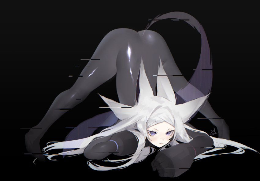 1girl animal_ears annoyed black_background black_bodysuit black_gloves bodysuit dyarikku dyarikku_(vtuber) fox_ears fox_girl glitch gloves indie_virtual_youtuber jack-o&#039;_challenge long_hair looking_at_viewer meme parted_lips purple_eyes simple_background skin_tight solo top-down_bottom-up virtual_youtuber white_hair