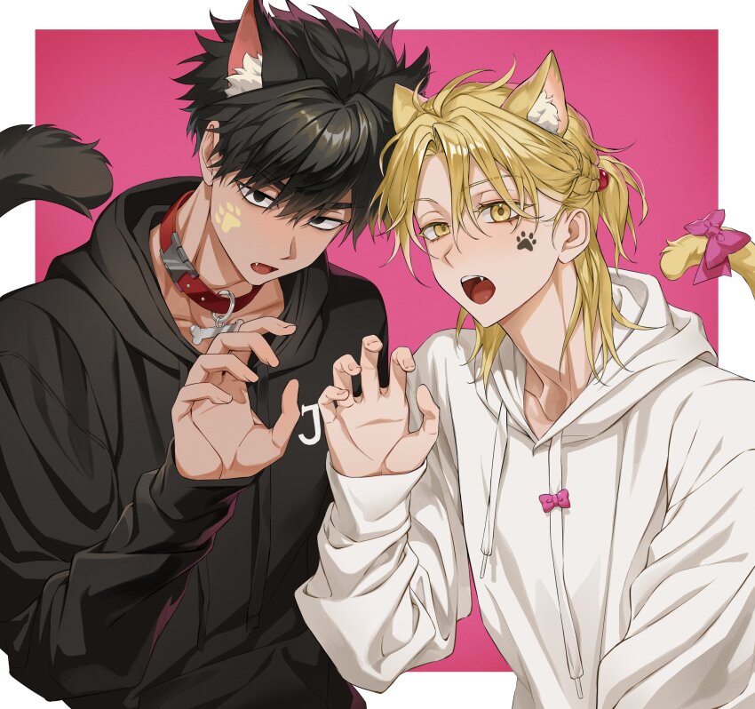 2boys 5_taku absurdres animal_ears baek_eunyung black_eyes black_hair black_hoodie blonde_hair border bow cat_boy cat_ears cat_tail collar dog_boy dog_ears dog_tail extra_ears goh_haejoon highres hood hood_down hoodie long_sleeves looking_at_viewer male_focus medium_hair multiple_boys no_home_(manhwa) paw_print pink_background pink_bow red_collar short_hair tail tail_bow tail_ornament two-tone_background white_border white_hoodie yellow_eyes