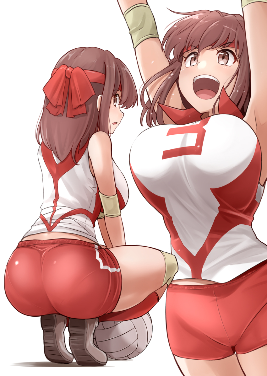 arms_up ass ball breasts brown_hair from_behind from_below girls_und_panzer headband jumping kitayama_miuki kondou_taeko large_breasts looking_at_viewer looking_back ooarai_volleyball_uniform open_mouth red_headband red_ribbon red_shorts ribbon shorts sportswear squatting volleyball volleyball_(object) volleyball_uniform