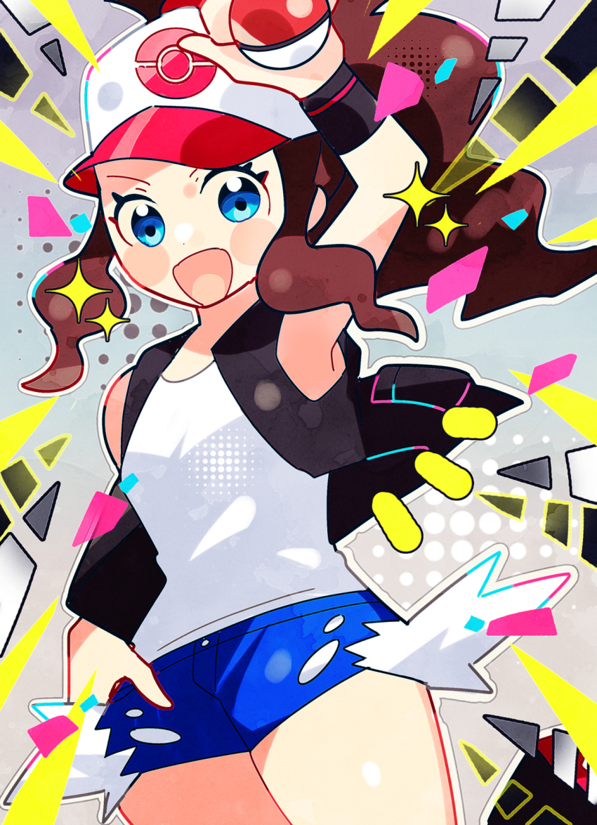 1girl :d anidler91 arm_up black_vest blue_eyes blue_shorts brown_hair creatures_(company) eyelashes game_freak hat highres hilda_(pokemon) holding holding_poke_ball long_hair looking_at_viewer nintendo open_clothes open_mouth open_vest poke_ball poke_ball_(basic) pokemon pokemon_bw ponytail shirt short_shorts shorts sleeveless sleeveless_shirt smile solo vest white_hat white_shirt