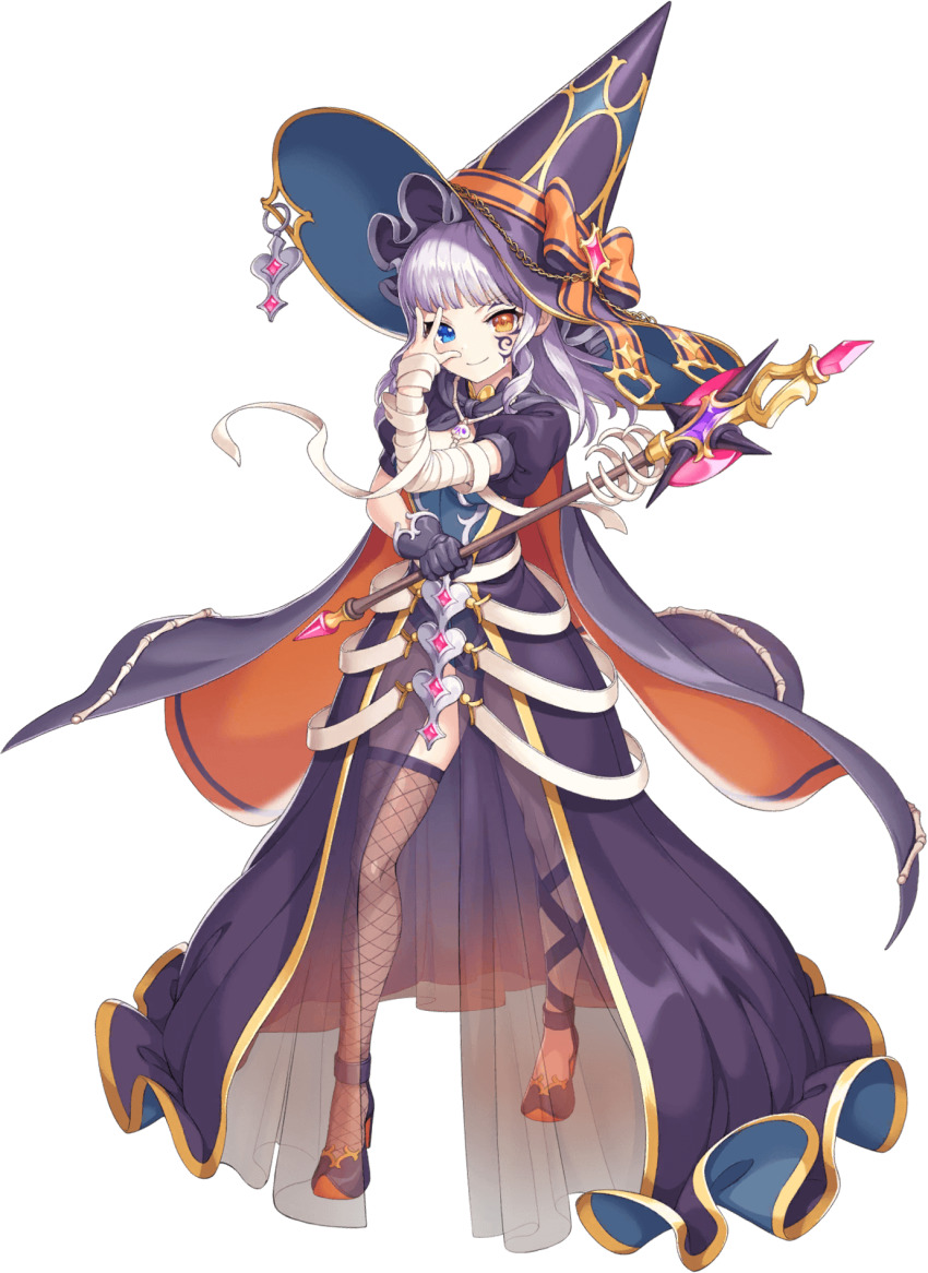 1girl artist_request asymmetrical_legwear bandages black_gloves blue_eyes bow breasts cape cu_chulainn_(legend_clover) facial_tattoo full_body game_cg gloves hat heterochromia highres holding holding_wand jewelry legend_clover light_smile necklace official_alternate_costume official_art orange_bow orange_eyes purple_footwear skull_necklace tattoo third-party_source transparent_background wand white_hair witch_hat