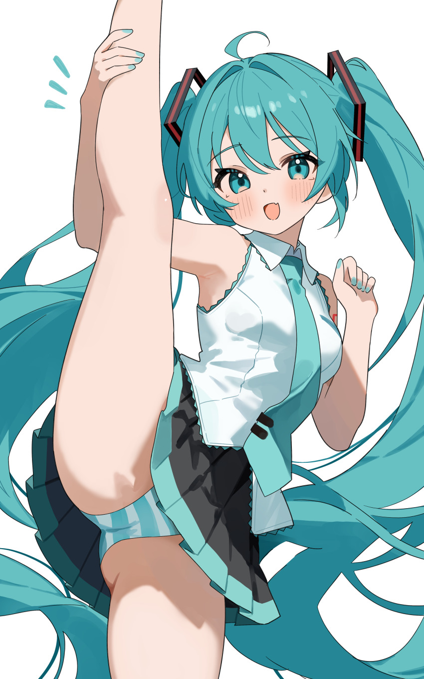 1girl absurdres ahoge aqua_eyes aqua_hair aqua_nails aqua_necktie black_skirt blue_panties blush coco_irasuto collared_shirt commentary_request hair_intakes hair_ornament hatsune_miku highres long_hair looking_at_viewer miniskirt nail_polish necktie open_mouth panties pleated_skirt shirt skirt sleeveless sleeveless_shirt smile solo split standing standing_on_one_leg standing_split striped_clothes striped_panties transparent_background twintails underwear very_long_hair vocaloid white_shirt