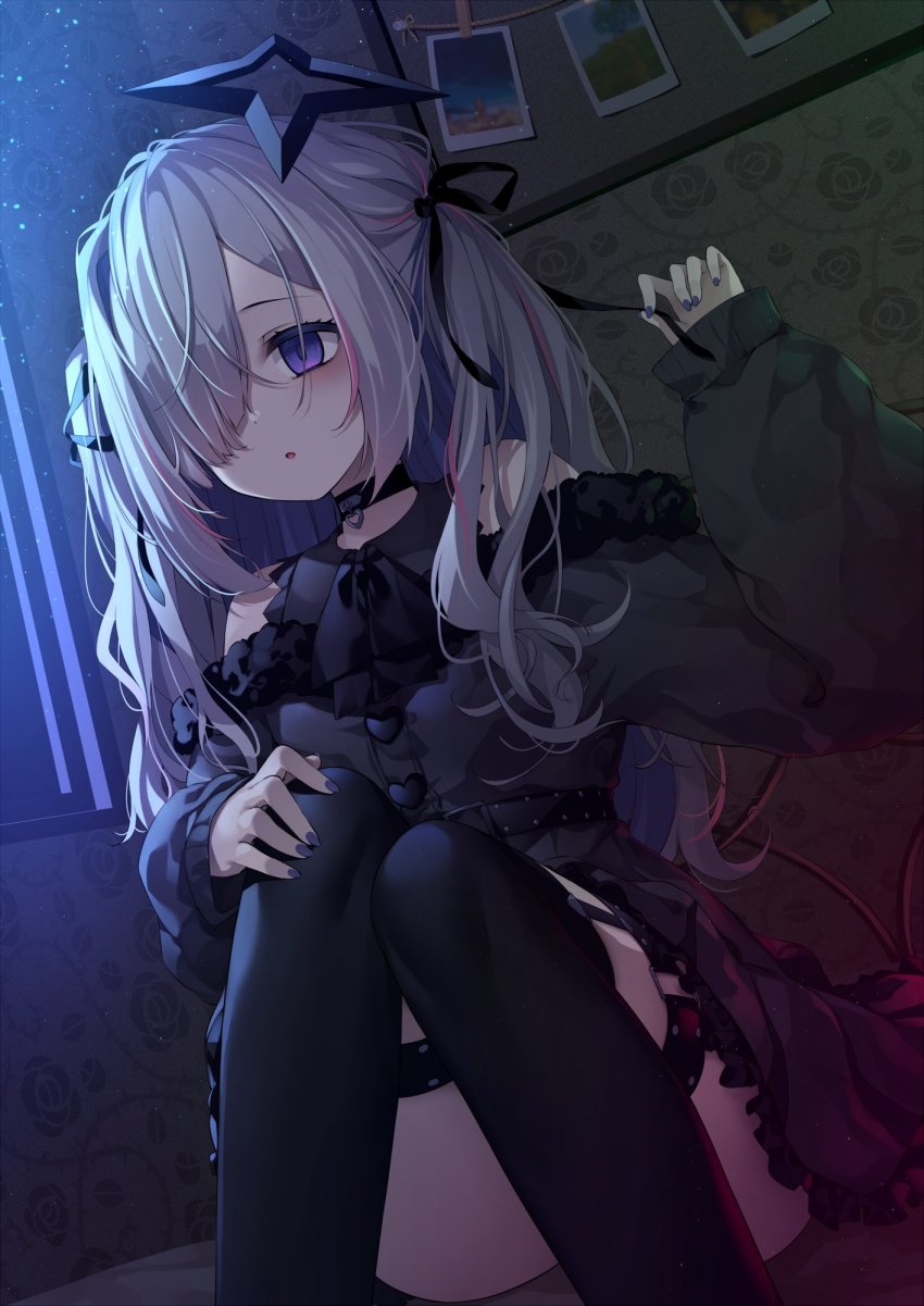 1girl :o amane_kanata amane_kanata_(work) asymmetrical_bangs bags_under_eyes belt black_bow black_collar black_dress black_ribbon black_straps black_thighhighs blue_hair bow bulletin_board chiyonekoko clip collar dress empty_eyes floral_print frilled_dress frills fur_trim goth_fashion gothic_lolita hair_over_one_eye hair_ribbon halo heart_o-ring highres hololive lolita_fashion long_hair multicolored_hair nail_polish photo_(object) pink_hair purple_eyes purple_nails pushpin ribbon rope rose_print silver_hair single_hair_intake star_halo streaked_hair thigh_strap thighhighs thorn_print two_side_up vine_print virtual_youtuber