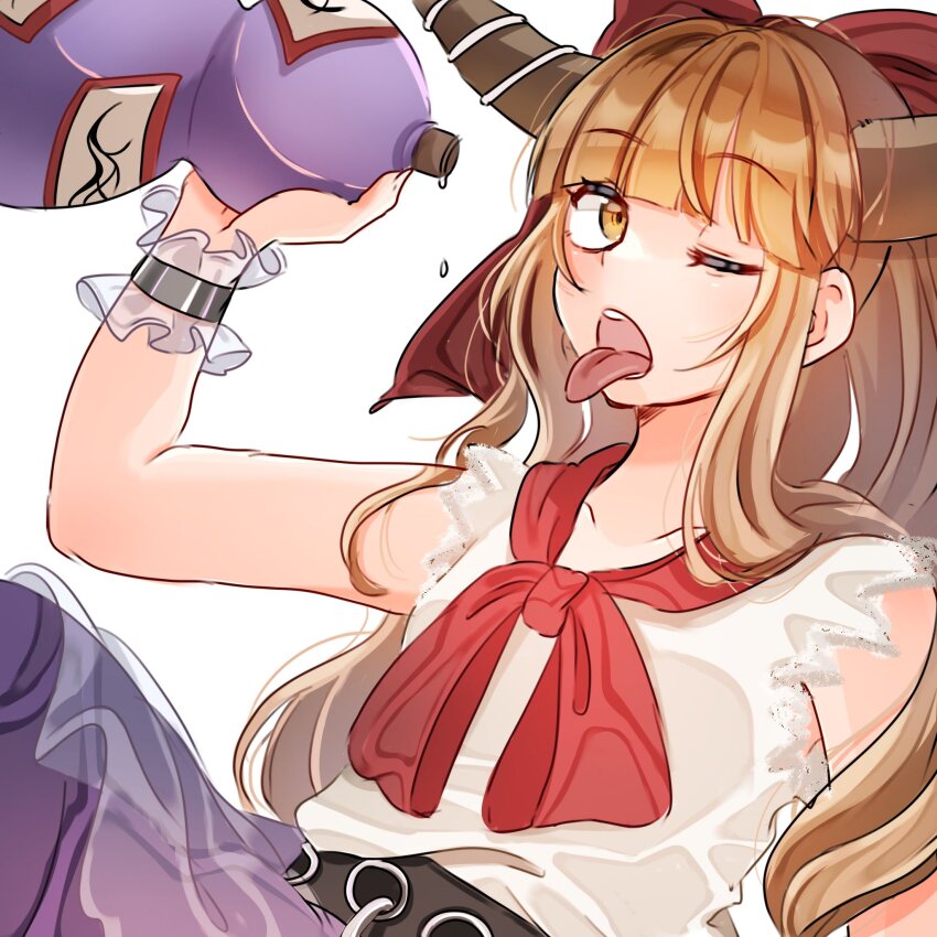 1girl belt black_belt blunt_bangs blush bow bowtie brown_eyes brown_horns collarbone commentary_request gourd hair_bow highres holding horns ibuki_suika lace lace-trimmed_shirt lace_trim light_brown_hair long_hair looking_at_viewer one_eye_closed open_mouth purple_skirt red_bow red_bowtie round_teeth shirt shiya_re27 sidelocks simple_background skirt sleeveless sleeveless_shirt solo teeth tongue tongue_out touhou upper_body white_background white_shirt wrist_cuffs