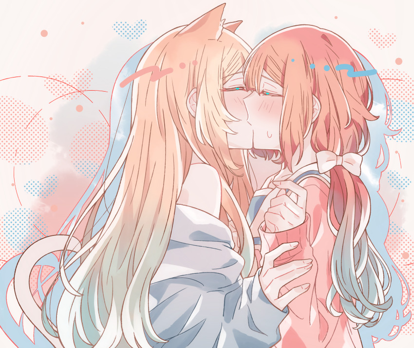 2girls absurdres animal_ears blonde_hair blue_hair blue_shirt blush bow cat_ears cat_girl cat_tail closed_eyes commentary from_side fuwa_aya gradient_hair hair_bow highres holding_another&#039;s_wrist kemonomimi_mode kiss kousaka_0v0 long_hair multicolored_hair multiple_girls onna_doushi_toka_arienai_desho_to_iiharu_onnanoko_wo_hyakunichikan_de_tetteiteki_ni_otosu_yuri_no_ohanashi pink_background pink_hair pink_shirt profile sailor_collar sakakibara_marika school_uniform shirt sweatdrop tail upper_body white_background white_bow white_sailor_collar yuri