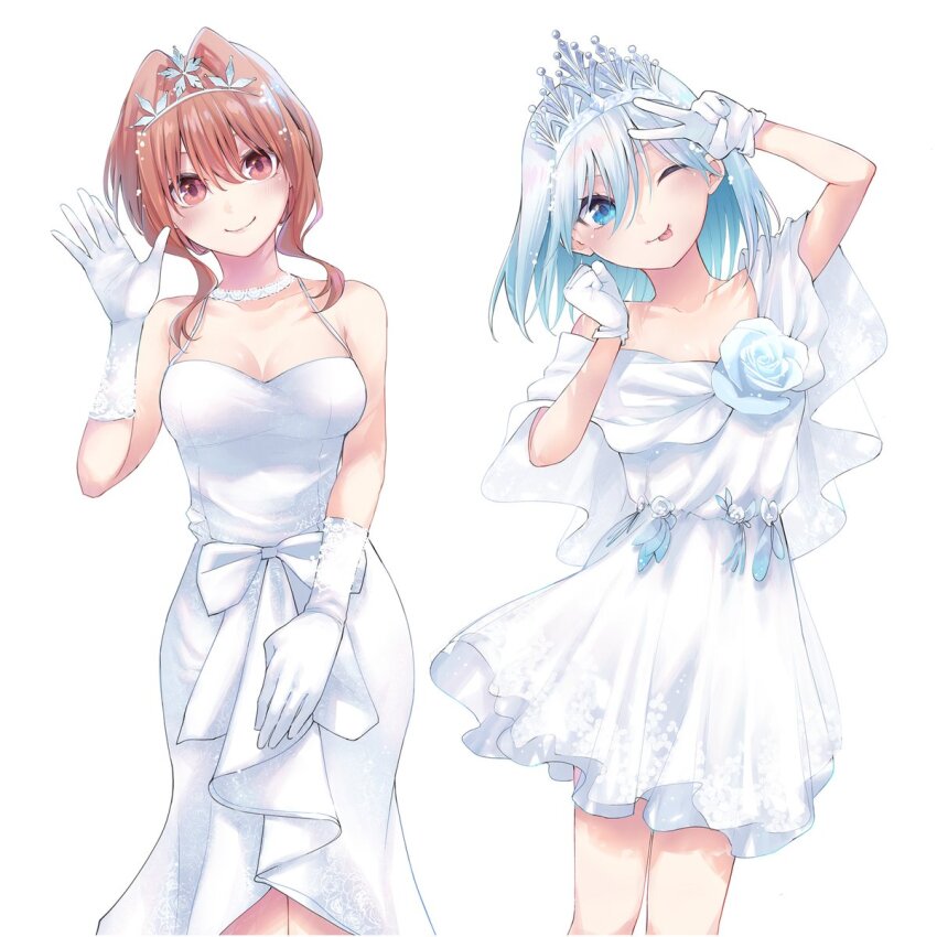 2girls ;p amagami-san_chi_no_enmusubi amagami_asahi amagami_yuna blue_eyes blush breasts bride closed_mouth collarbone commentary_request dress dress_flower flower gloves hair_between_eyes hair_intakes head_tilt highres jewelry marcey medium_breasts medium_dress medium_hair multiple_girls necklace one_eye_closed red_eyes red_hair second-party_source short_dress simple_background small_breasts smile straight_hair tiara tongue tongue_out v waving wedding_dress white_background white_dress white_gloves white_hair white_tiara