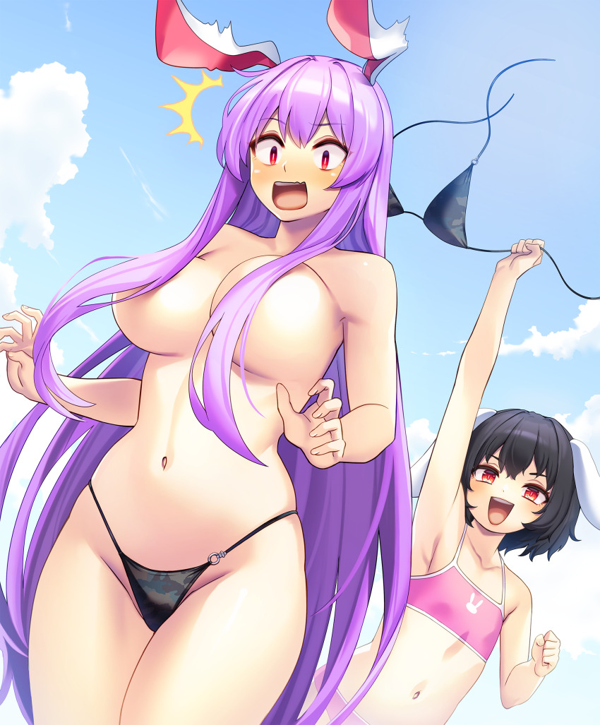 2girls ^^^ absurdres animal_ears bikini black_bikini black_hair blue_sky blush breasts clothes_theft commentary_request cowboy_shot day flat_chest floppy_ears groin hair_over_breasts highres inaba_tewi large_breasts long_hair looking_down multiple_girls navel open_mouth outdoors pink_bikini purple_hair rabbit_ears rabbit_girl red_eyes reisen_udongein_inaba short_hair sky surprised swimsuit swimsuit_theft tarmo theft topless touhou very_long_hair