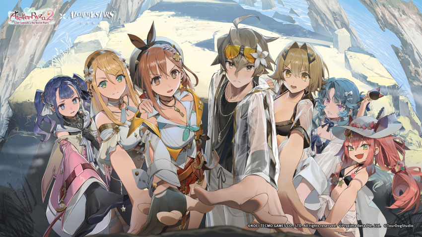 1boy 6+girls alchemy_stars atelier_(series) atelier_ryza atelier_ryza_2 barbara_(alchemy_stars) bikini black_bikini black_gloves black_tank_top blonde_hair blue_eyes blue_hair braid breasts brown_eyes brown_hair cleavage cliff coat collared_shirt flower gloves grass green_eyes grey_hair hair_flower hair_ornament hairband hat highres jewelry key klaudia_valentz multiple_girls navel navigator_(alchemy_stars) necklace o-ring ocean official_art official_wallpaper patricia_abelheim pink_eyes pink_hair reisalin_stout ribbon rock see-through shirt shorts sun_hat sun_hat_ornament sunglasses swimsuit tank_top thighs twintails vice_(alchemy_stars) vice_(ray_of_sunshine)_(alchemy_stars) yellow_eyes zarya_(alchemy_stars)