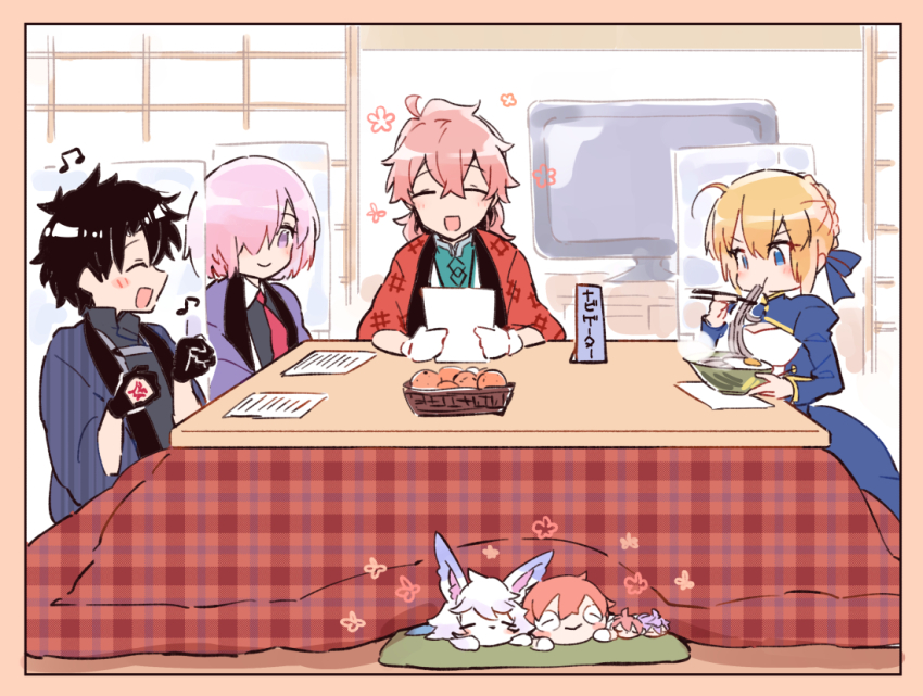 2boys 2girls :d ^_^ ahoge artoria_pendragon_(fate) black_gloves black_hair black_jacket blonde_hair blue_dress blue_eyes blue_ribbon blush bowl character_doll chopsticks closed_eyes closed_mouth command_spell cushion dress eating fate/grand_order fate_(series) flower food fou_(fate) fruit fujimaru_ritsuka_(male) fujimaru_ritsuka_(male)_(polar_chaldea_uniform) gloves hair_over_one_eye hair_ribbon hanten_(clothes) happy holding holding_chopsticks holding_paper indoors jacket kak_hac kotatsu long_hair long_sleeves mandarin_orange mash_kyrielight merlin_(fate) multiple_boys multiple_girls musical_note necktie noodles open_mouth orange_(fruit) paper pink_hair ponytail purple_eyes ramen red_necktie ribbon romani_archaman saber_(fate) short_hair shouji sitting sliding_doors smile table television under_kotatsu under_table white_gloves