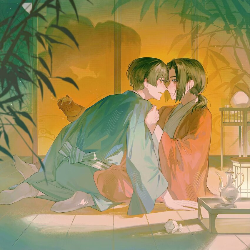 axis_powers_hetalia back belt black_hair blue_kimono blunt_ends blush brown_eyes china_(hetalia) chinese_commentary closed_mouth commentary_request cup different_shadow door grey_shirt hand_on_another&#039;s_shoulder highres holding holding_cup imminent_kiss indoors japan_(hetalia) japanese_clothes kettle kimono lantern long_hair long_sleeves looking_at_another low_ponytail no_shoes open_clothes open_mouth open_robe plant ponytail red_robe robe rock shadow shirt short_hair shy sidelocks sitting socks striped_belt sweatdrop touyoku1 white_belt white_socks wide_sleeves yaoi