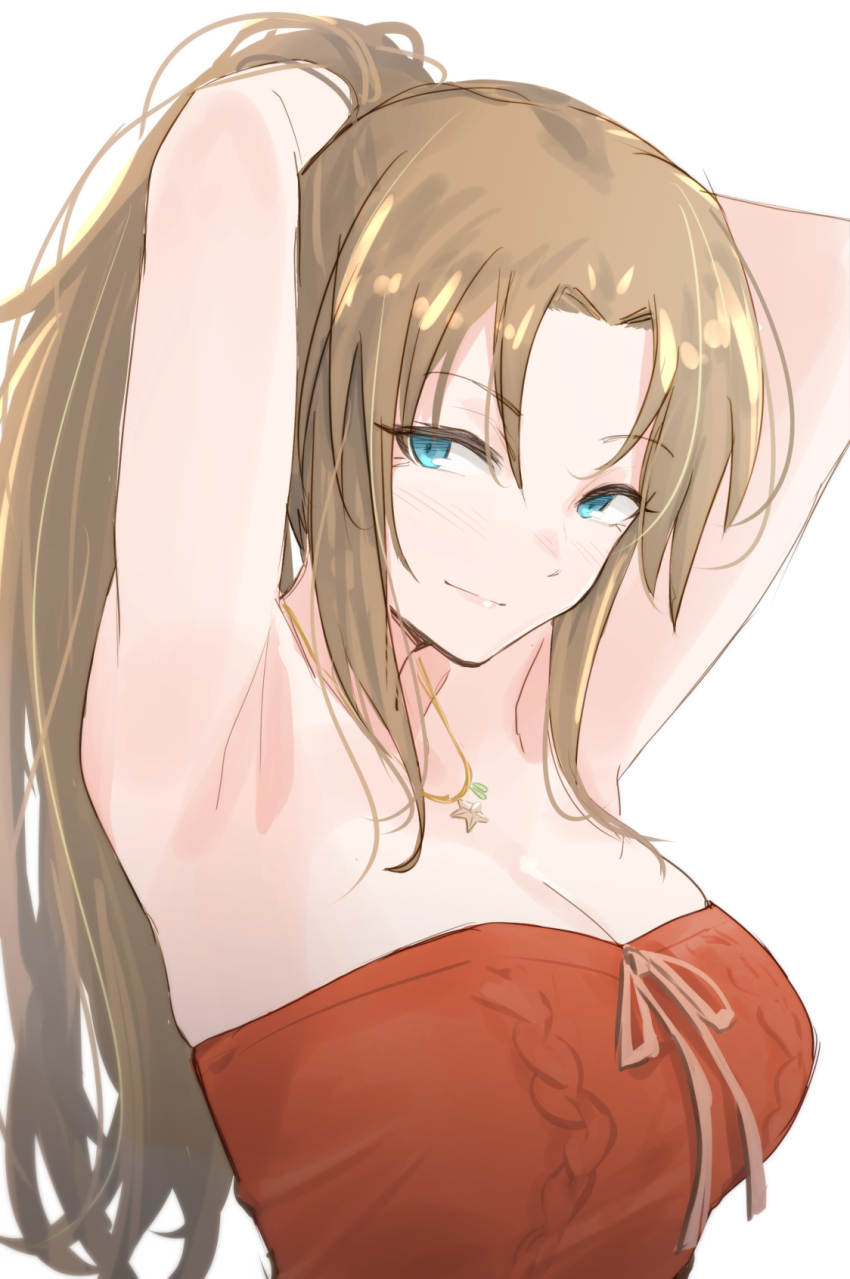 1girl armpits arms_behind_head arms_up bare_shoulders blue_eyes blush breasts brown_hair cleavage closed_mouth collarbone dress from_side hand_in_own_hair highres idolmaster idolmaster_cinderella_girls idolmaster_cinderella_girls_starlight_stage jewelry large_breasts long_hair looking_at_viewer matsumoto_sarina necklace red_dress simple_background smile solo star_(symbol) star_necklace strapless strapless_dress unu_(unucence) upper_body white_background