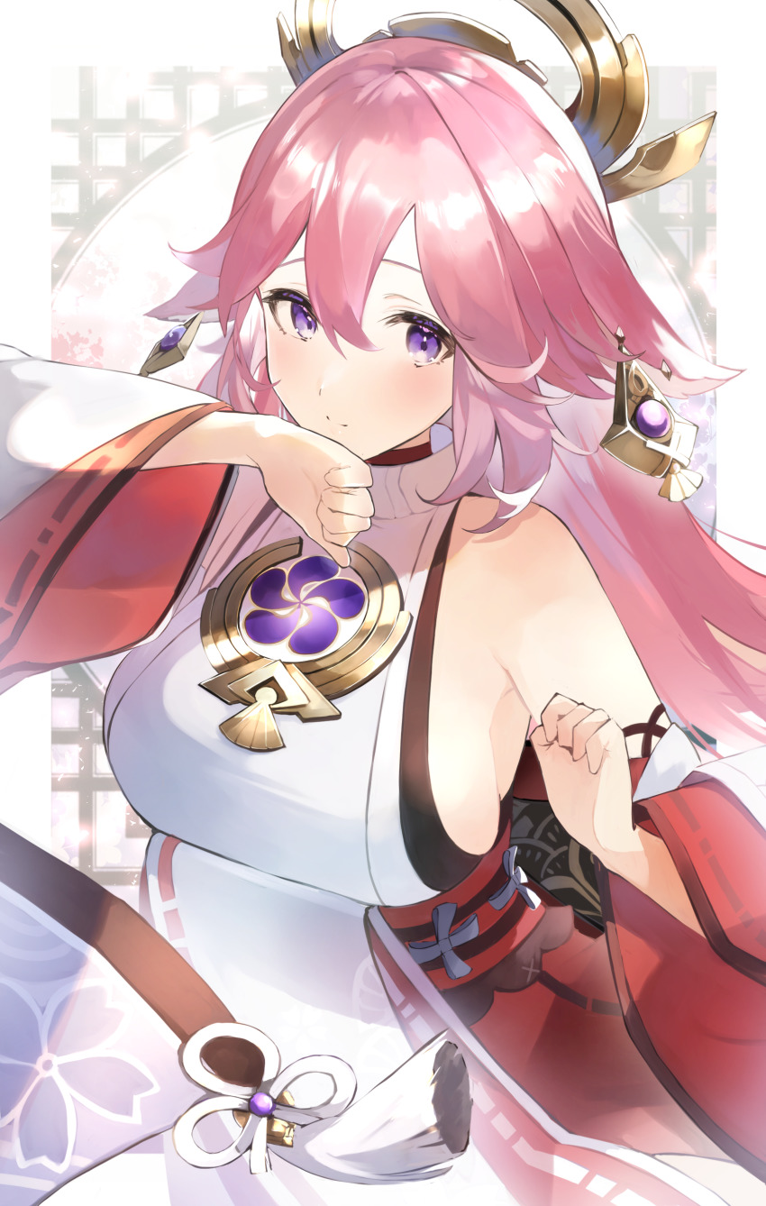 absurdres animal_ears bare_shoulders breasts crossed_bangs detached_sleeves earrings fox_ears genshin_impact hair_between_eyes highres japanese_clothes jewelry large_breasts long_hair pink_hair purple_eyes sideboob tomochi_(tmc_tmc8) white_sleeves wide_sleeves yae_miko