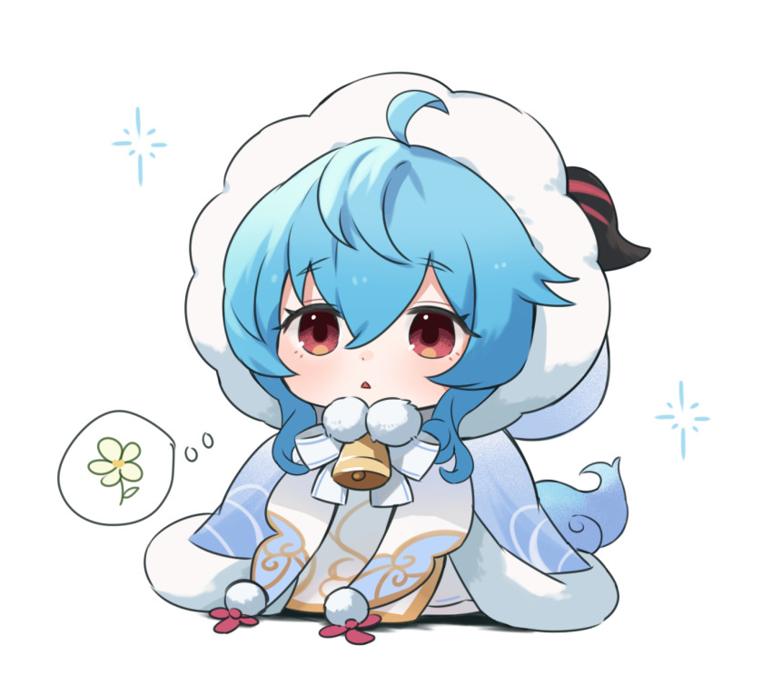 1girl aged_down ahoge bell black_horns blue_cape blue_hair cape chibi chibi_only commentary_request cowbell dot_nose enipa_28 fur-trimmed_cape fur-trimmed_hood fur_trim ganyu_(genshin_impact) ganyu_(young)_(genshin_impact) genshin_impact goat_horns gold_trim hair_between_eyes highres hood horns imagining looking_ahead neck_bell neck_ribbon official_alternate_costume open_mouth pom_pom_(clothes) raised_eyebrows red_eyes ribbon robe short_hair_with_long_locks sidelocks simple_background solo tail thought_bubble triangle_mouth white_background white_ribbon white_robe