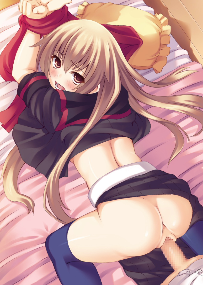 10s 1girl absurdres all_fours anus ass bdsm bed bent_over blush bondage bound bound_wrists brown_eyes brown_hair censored dimples_of_venus doggystyle eyebrows fokaccho from_behind hetero highres indoors kneeling long_hair mosaic_censoring no_panties ookami-san ookami_ryouko open_clothes open_mouth open_shirt penis pillow pussy rape school_uniform sex sex_from_behind shirt skirt teeth thighhighs vaginal