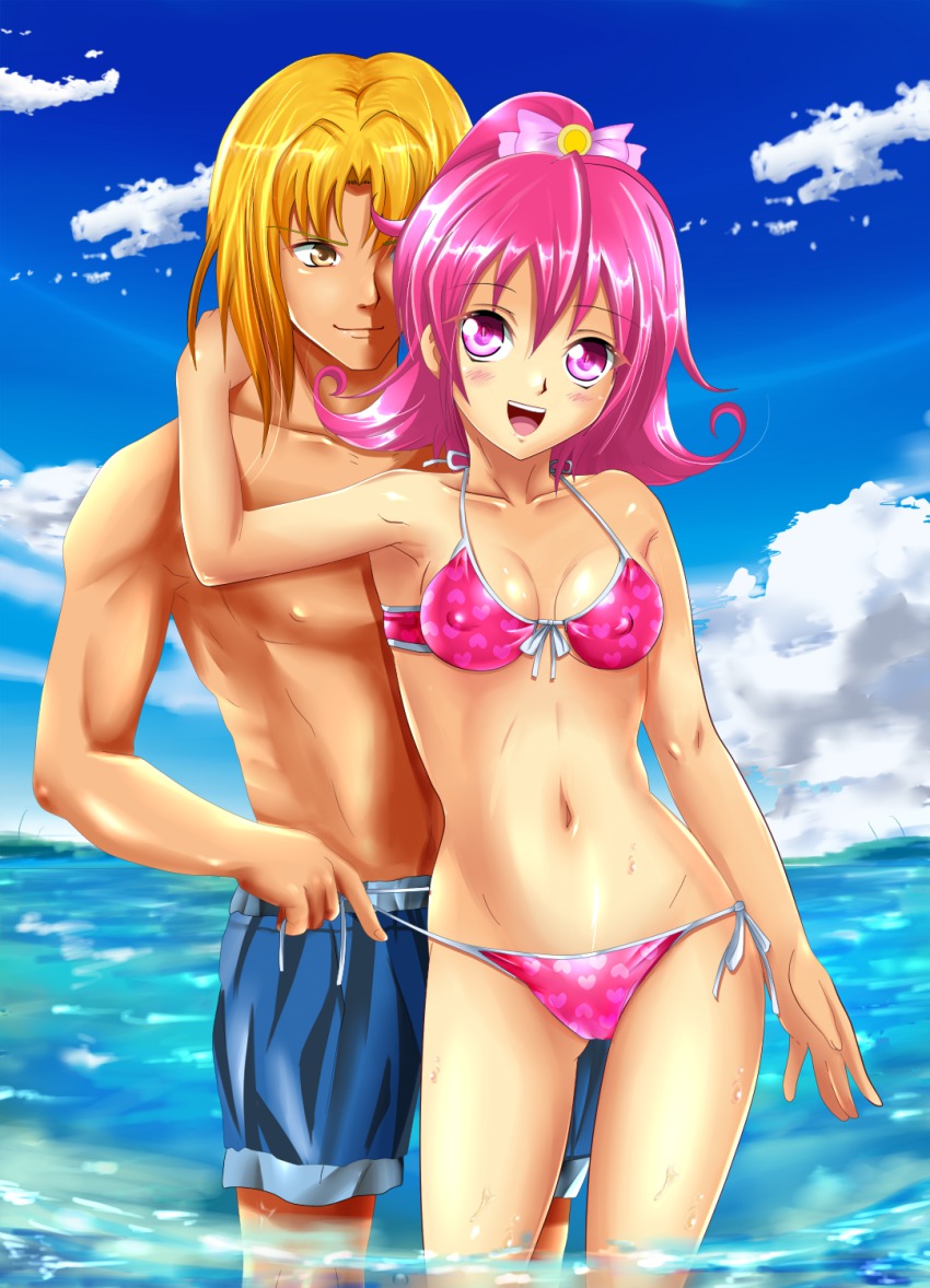 1boy 1girl aida_mana bikini blonde_hair blue_male_swimwear blue_swim_trunks bow breasts couple covered_erect_nipples cowboy_shot dokidoki!_precure hair_bow hair_ornament heart heart_print highres joe_okada male_swimwear medium_breasts okada_joe pink_bow pink_eyes pink_hair precure print_bikini print_swimsuit shiguko short_hair string_bikini swim_trunks swimsuit topless_male untied wading yellow_eyes