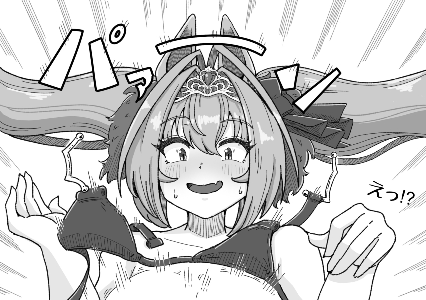 !? 1girl animal_ears bikini blush breasts daiwa_scarlet_(umamusume) fang highres horse_girl hu-min_(okok6341) large_breasts looking_at_viewer monochrome open_mouth out-of-frame_censoring popped_button portrait solo surprised sweat swimsuit tiara twintails umamusume wardrobe_malfunction