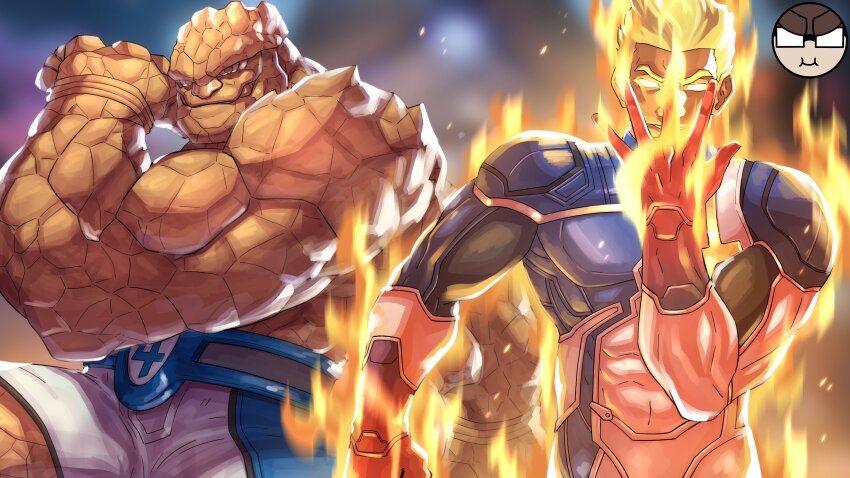 2boys absurdres alejandro_pupo animification ben_grimm blonde_hair bodysuit colored_skin fantastic_four fire highres human_torch johnny_storm jojo_no_kimyou_na_bouken jojo_pose looking_at_viewer male_focus marvel marvel_rivals monster_boy multiple_boys muscular muscular_male rock short_hair smile superhero_costume