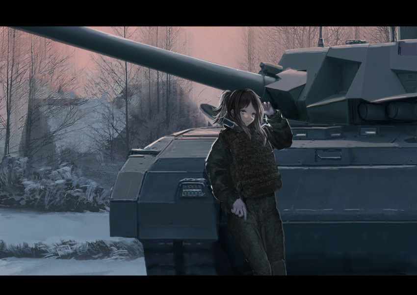 1girl absurdres brown_hair bulletproof_vest cannon commission green_eyes helmet highres leaning_against_vehicle military_combat_uniform military_vehicle motor_vehicle no_headwear original pixiv_commission ponytail russian_commentary sidelocks snow solo t-14_armata tank tank_turret tree winter yukikaze_supersylph