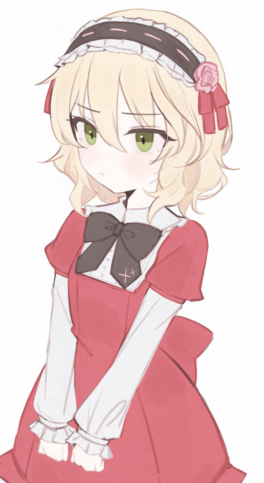 1girl :t black_bow black_bowtie blonde_hair blush bow bowtie child dress frilled_hairband frills green_eyes hair_between_eyes hairband highres idolmaster idolmaster_cinderella_girls long_sleeves looking_ahead red_dress sakurai_momoka short_hair simple_background solo tsuchi_(sh_spica1) white_background