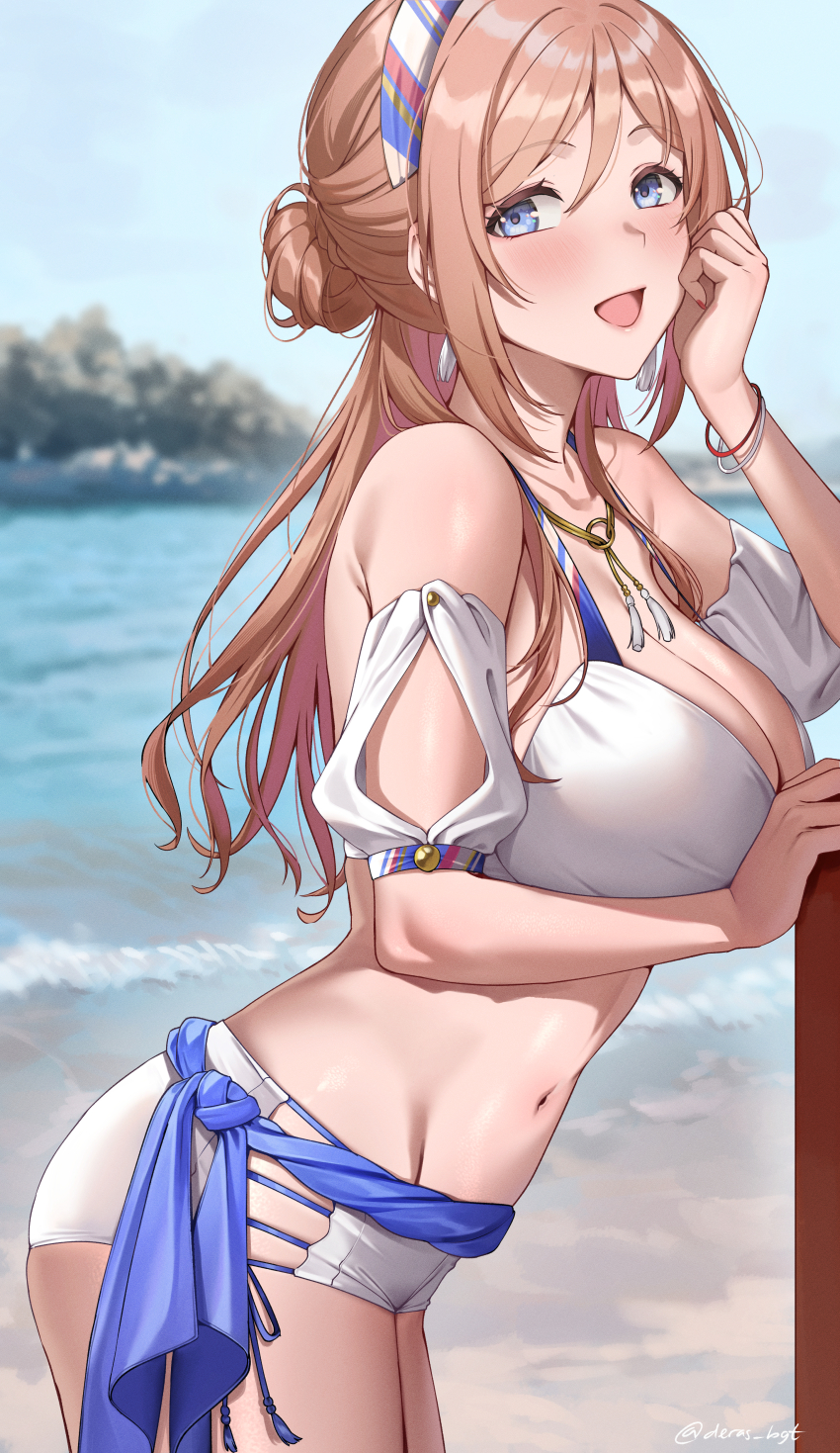 1girl absurdres bikini blue_eyes blue_sky breasts brown_hair cleavage cloud day deras gakuen_idolmaster highres himesaki_rinami idolmaster large_breasts long_hair looking_at_viewer outdoors sky solo swimsuit white_bikini