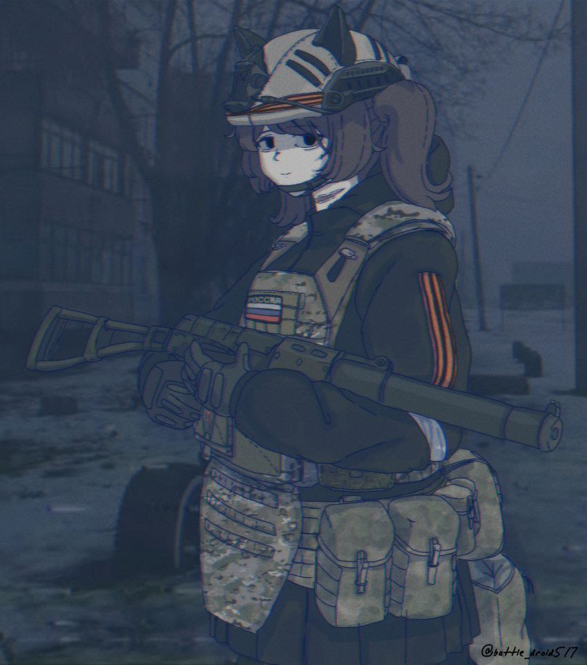 1girl animal_ears apartment as_val assault_rifle b1-517 black_eyes black_hair cat_ears dark fake_animal_ears gloves gun helmet highres kalashnikov_rifle load_bearing_equipment marusha_(b1-517) night original pleated_skirt ribbon_of_saint_george rifle russian_army russian_flag scar scar_on_neck signature skirt solo track_suit tree twintails weapon