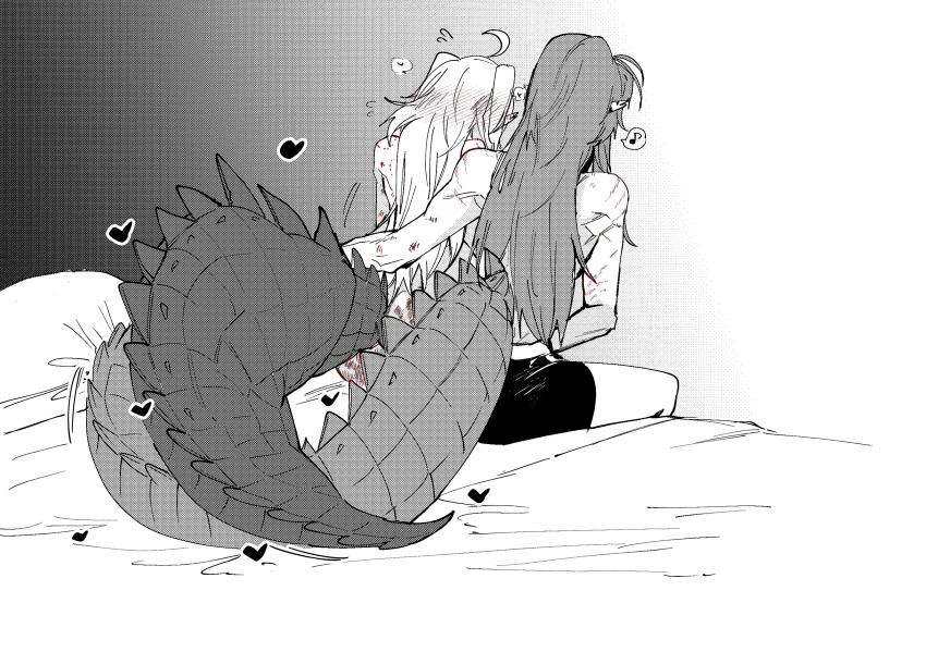 2girls ahoge arknights ban_syou bite_mark bite_mark_on_shoulder commentary_request crocodilian_tail gavial_(arknights) greyscale hand_on_another&#039;s_waist heart highres intertwined_tails large_tail long_hair monochrome multiple_girls musical_note nude on_bed pointy_ears scar scar_on_arm shorts sitting spoken_musical_note spot_color tail tomimi_(arknights) two_side_up yuri