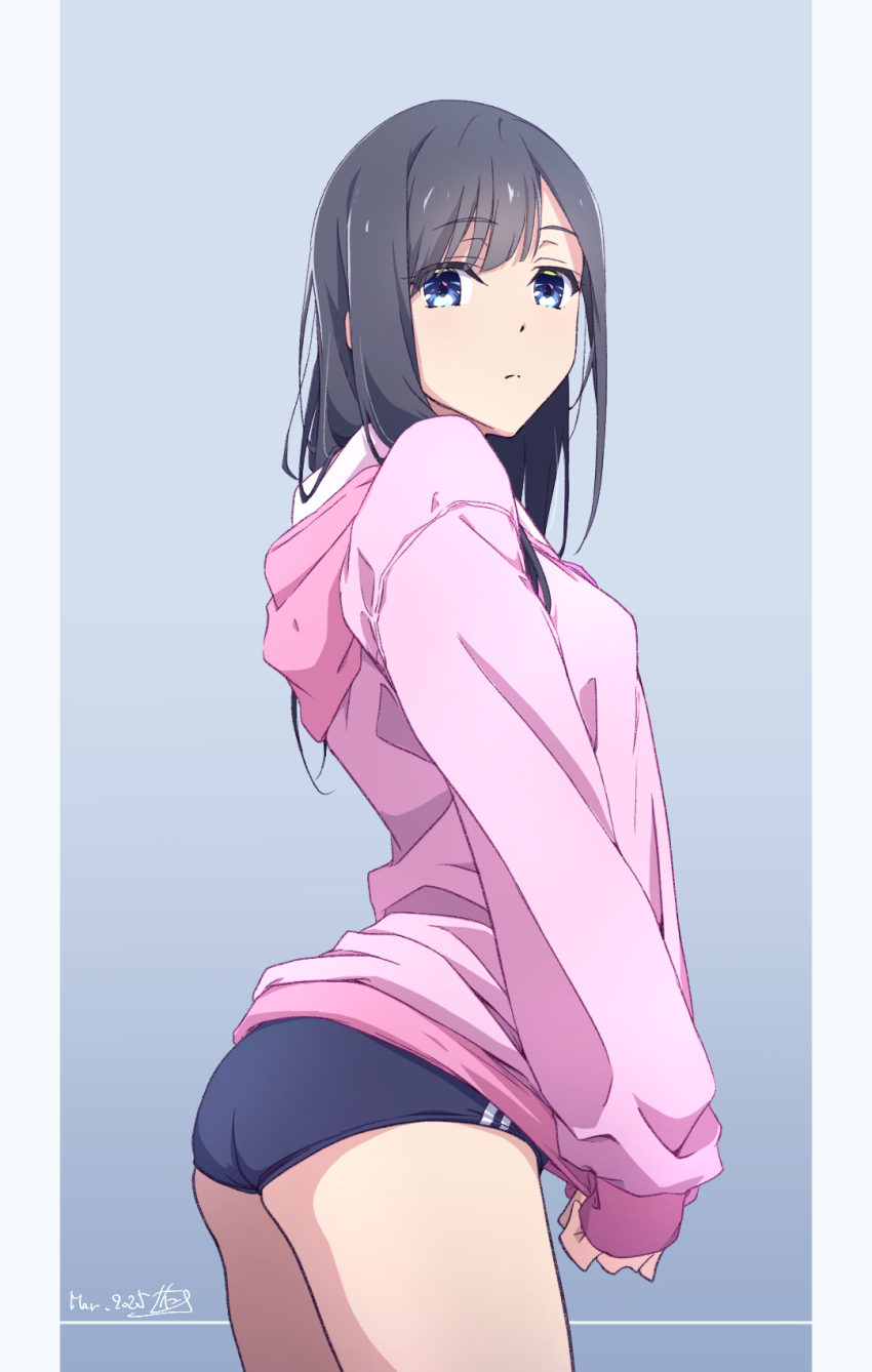 1girl ass black_hair blue_background blue_buruma buruma closed_mouth commentary_request dated gradient_background highres hood hooded_jacket jacket long_hair long_sleeves looking_at_viewer monai-chan_(nii_manabu) nii_manabu original pink_jacket signature solo thighs