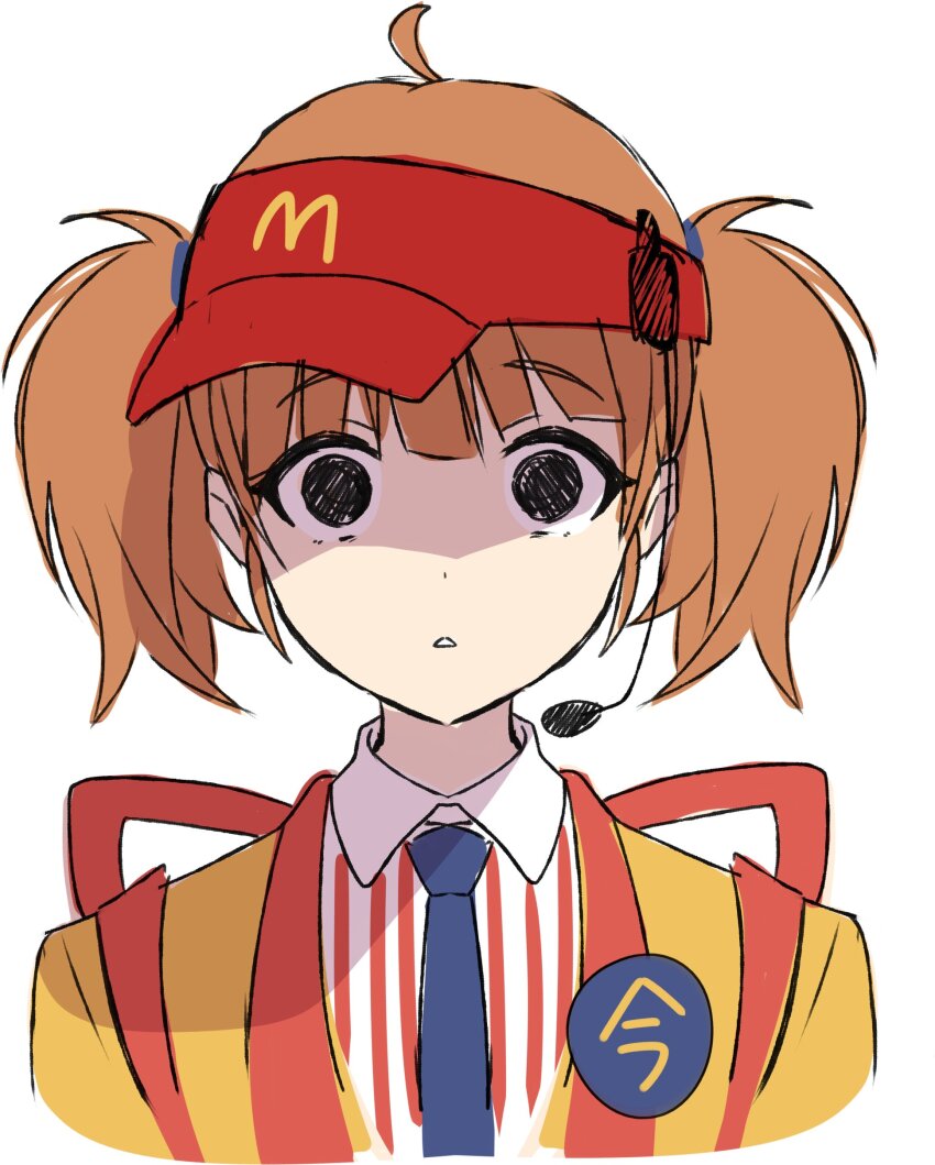 1girl :&lt; absurdres ahoge badge black_eyes black_necktie brown_hair button_badge collared_shirt commentary cropped_torso derori imadake_dabuchi_tabemi dress_shirt empty_eyes hat headset highres light_frown looking_at_viewer mcdonald&#039;s medium_hair microphone necktie parted_lips pinstripe_pattern pinstripe_shirt raised_eyebrows red_hat red_shirt red_trim shaded_face shirt simple_background solo squiggle_eyes straight-on striped_clothes striped_shirt surprised tilted_headwear twintails two-tone_shirt vertical-striped_clothes vertical-striped_shirt visor_cap white_background white_shirt wide-eyed yellow_happi