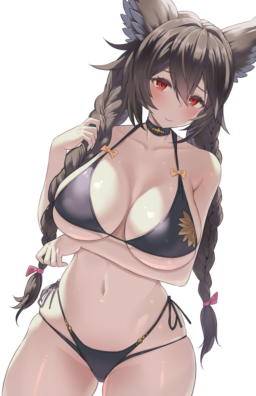 1girl absurdres animal_ears ariso_kaoru arm_under_breasts bikini black_bikini black_hair blush braid breasts curvy granblue_fantasy highres large_breasts long_hair looking_at_viewer midriff navel nier_(granblue_fantasy) red_eyes side-tie_bikini_bottom solo swimsuit thick_thighs thighs white_background