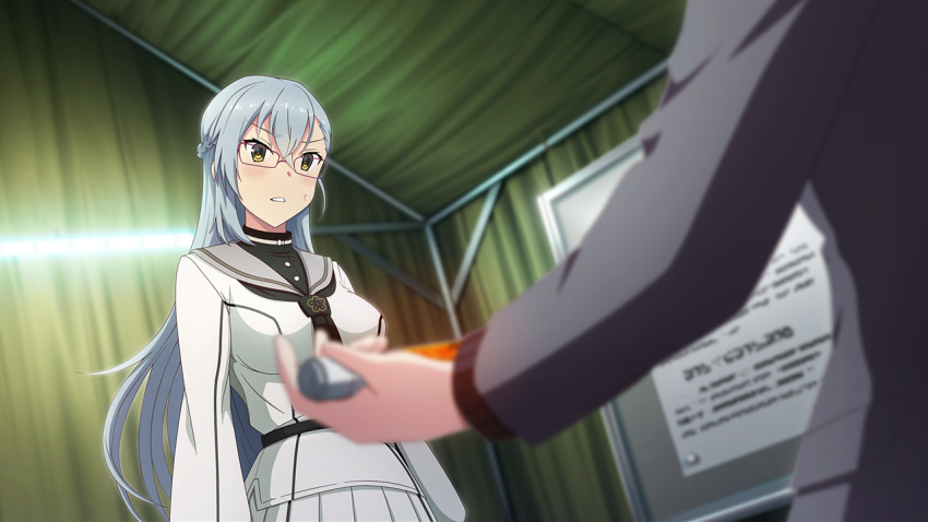 2girls ampule ayanokouji_martial_arts_school_uniform black_neckerchief breasts game_cg glasses grey_hair grey_jacket grey_sailor_collar hair_between_eyes holding indoors jacket kitora_mirja large_breasts long_hair long_sleeves multiple_girls neckerchief non-web_source pleated_skirt sailor_collar school_uniform shirt skirt solo_focus souraku_yuzuki sweat tent toji_no_miko toji_no_miko:_kizamishi_issen_no_tomoshibi v-shaped_eyebrows white_shirt white_skirt winter_uniform yellow_eyes