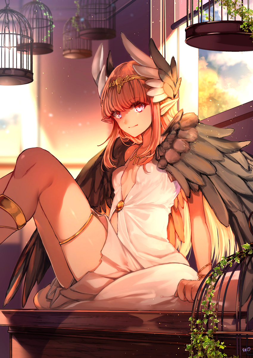 1girl birdcage black_wings blue_eyes breasts cage circe_(fate) closed_mouth desk dress fate/grand_order fate_(series) feather_hair_ornament feathers feet hair_ornament headpiece highres knees_up large_wings looking_at_viewer on_desk pink_hair pointy_ears satoimo_(3311_mi) sitting on_desk small_breasts smile solo white_dress wings