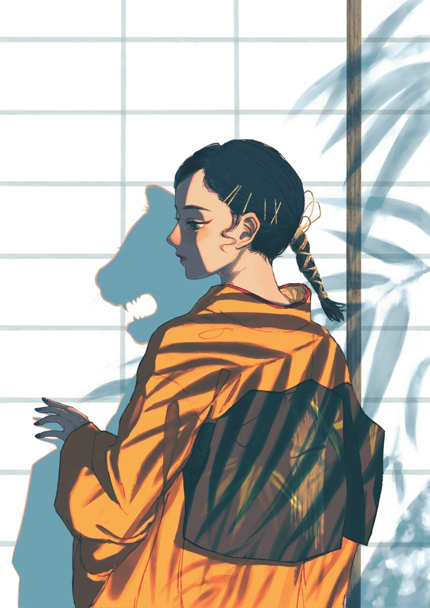 1girl 2022 absurdres black_hair black_sash chinese_zodiac different_shadow from_behind hair_ornament hairclip highres japanese_clothes kimono long_hair long_sleeves obi orange_kimono original ponytail profile sash shadow solo year_of_the_tiger yuiai